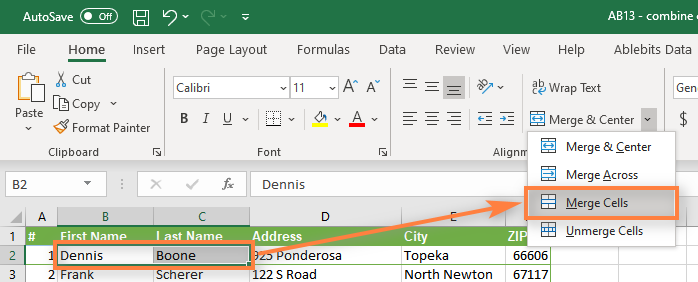 merge 2 cells in excel for mac